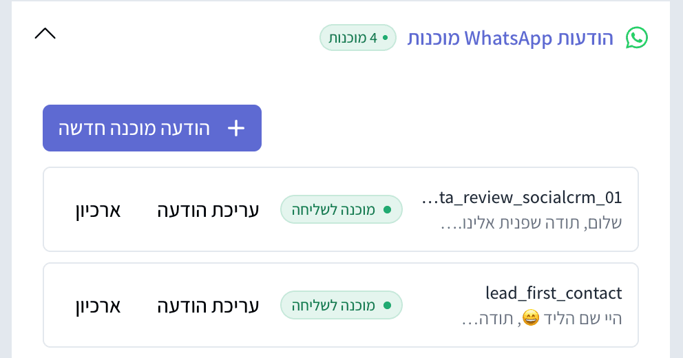 רשימת הודעות WhatsApp המוכנות לשליחה במערכת SocialCRM